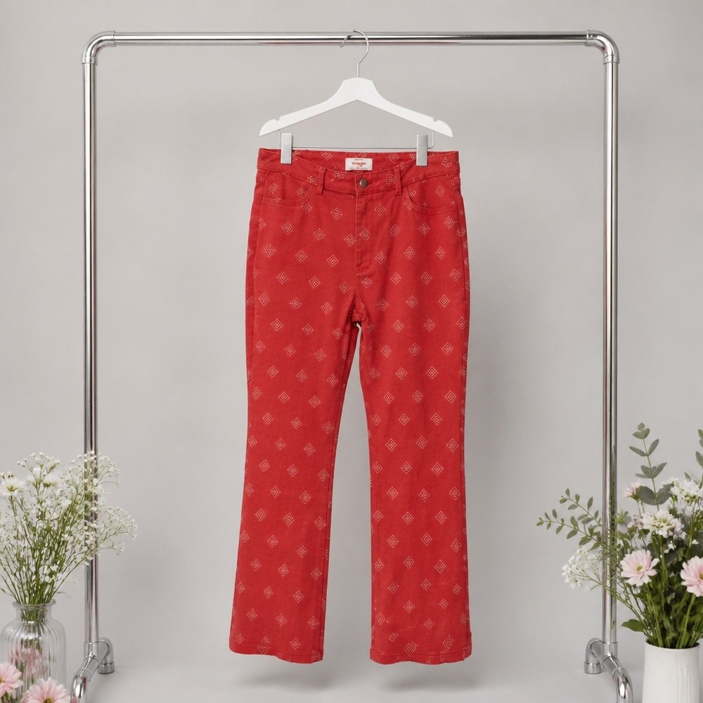 14x30 Wrangler Womens Red Diamond Print Denim Straight Leg Southwestern NEW
